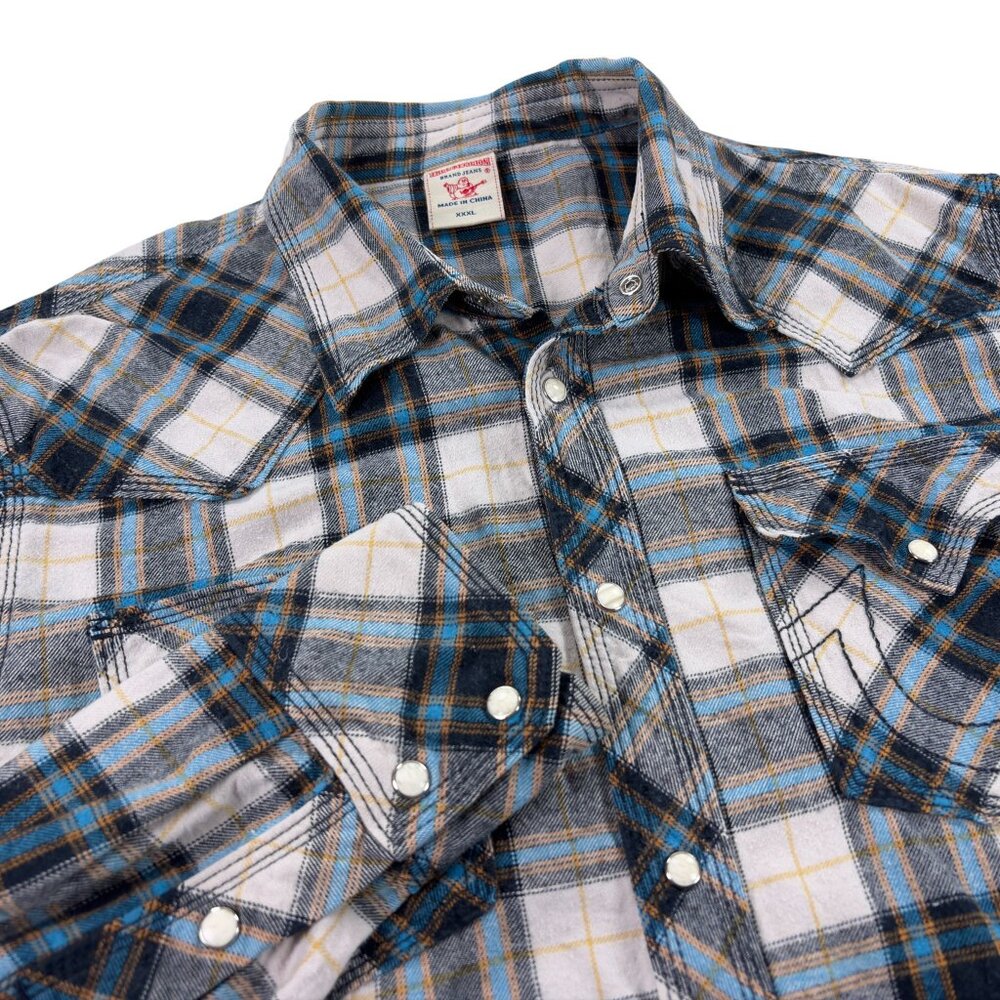 True Religion Western Pearl Snap Flannel Shirt Mens XXXL SLIM FIT Plaid